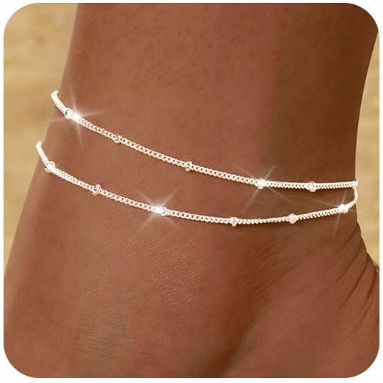 FUNEIA Gold Silver Ankle Bracelets for Women Waterproof 14K Gold Plated Anklets for Women Non Tarnish Dainty Layered Beaded Heart Anklet Set Summer Beach Foot Chain Jewelry Gifts Trendy Stuff