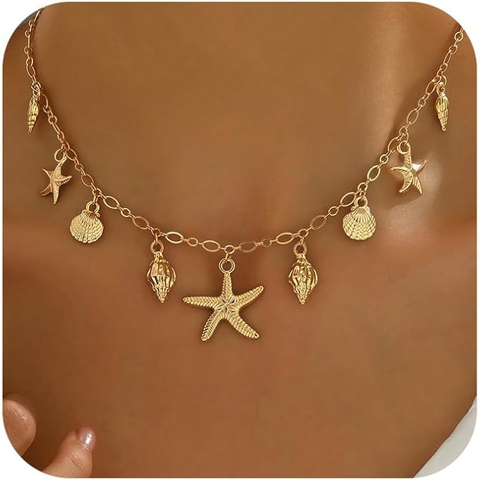 Shell Starfish Necklace for Women, 14k Gold Plated Boho Layered Beaded Charm Pendant Necklace, Dainty Adjustable Pearl Conch Summer Beach Vacation Jewelry Gifts