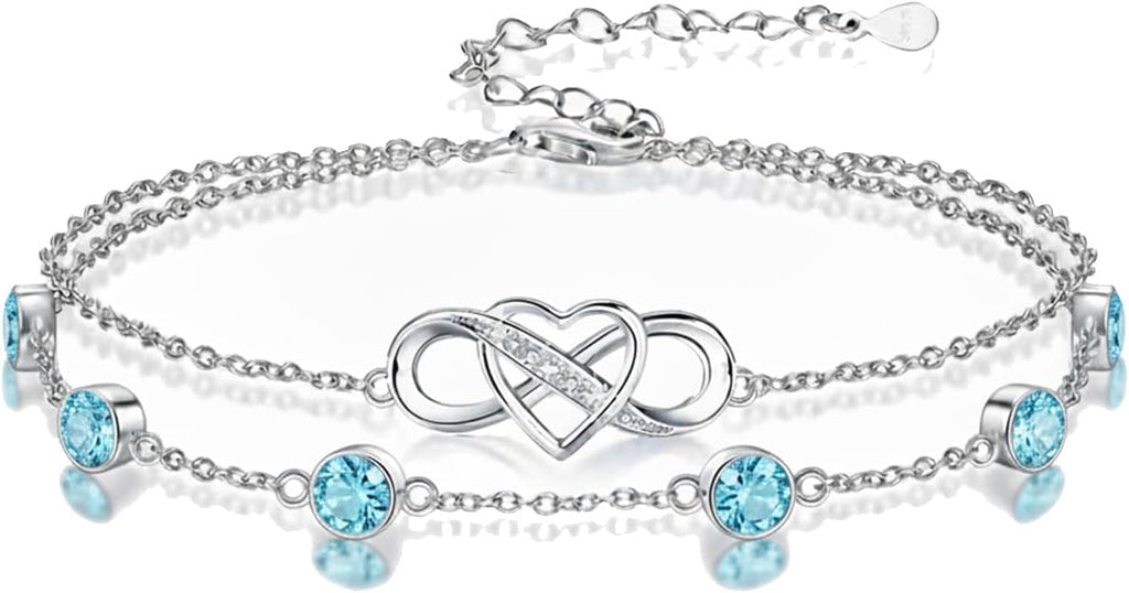 Prismata Infinity Birthstone Charm Link Bracelet 925 Sterling Silver Adjustable 12 Months Birthstone Infinity Bracelet Birthday Jewelry Gifts for Women Mom Her,with 7"+2" chain