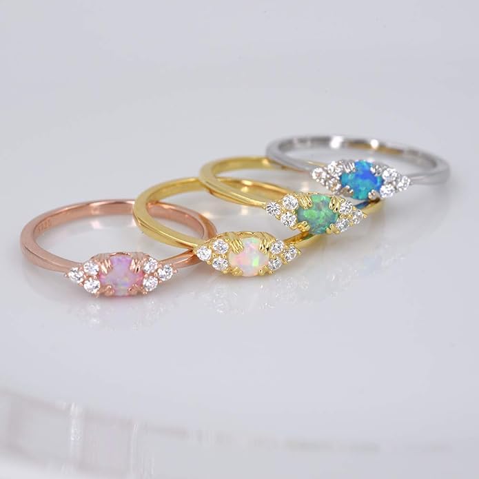 espere Sterling Silver Halo Opal Stacking Ring Simple Dainty Gold Ring Opal Ring Birthstone Ring 4-10