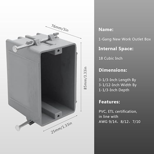 XGYYA 1-Gang 18 cu in, PVC New Work Standard Switch & Outlet Wall Electrical Box - Image 4