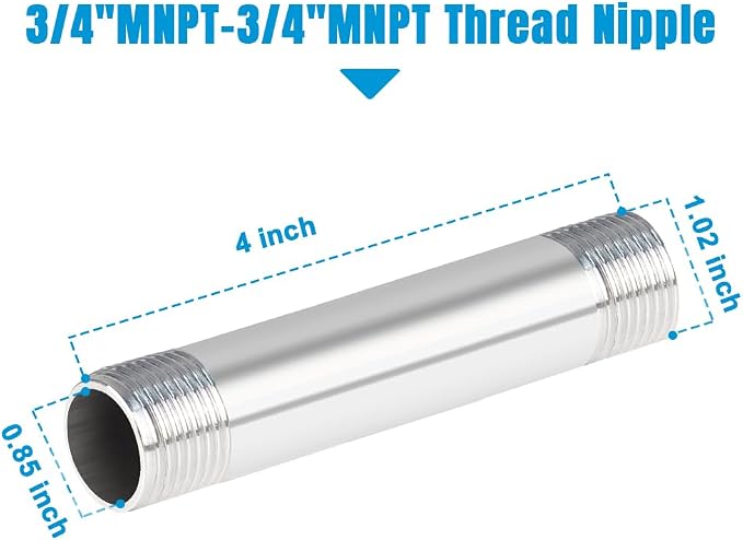 Quickun 304 Stainless Steel Nipple Pipe Fitting, 3/4" NPT x 3/4" NPT Male - Image 2