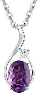 FANCIME 14K Solid White Gold Oval Gemstone Necklace with Diamond Pendant Gifts for Mom Women,16"+2" Inches