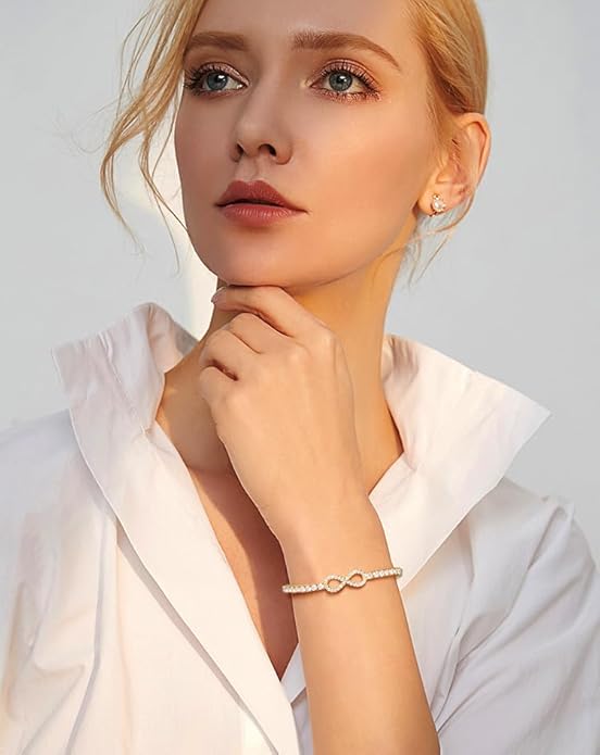 Moissanite Tennis Bracelets For Women, S925 Sterling Silver Infinity Bracelet, 3MM Width 18K Gold Plated White Gold Adjustable Bolo Bracelets- Birthday Christmas Gifts For Mom Wife Her
