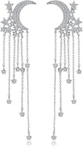 14K Gold Moissanite Moon Star Long Drop Earrings,Dainty Moon and Star Style Long Dangle Earrings,Fashion Jewelry Gift for Her