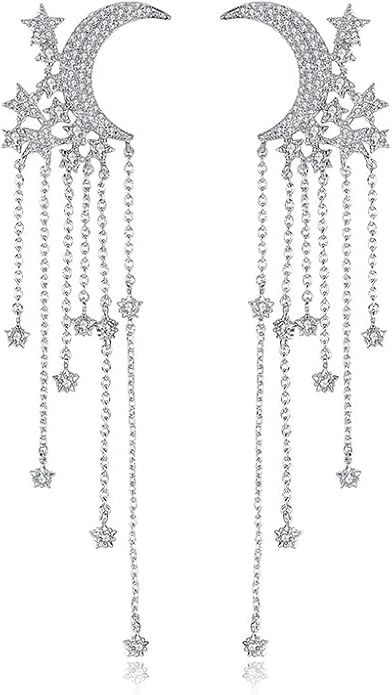 14K Gold Moissanite Moon Star Long Drop Earrings,Dainty Moon and Star Style Long Dangle Earrings,Fashion Jewelry Gift for Her