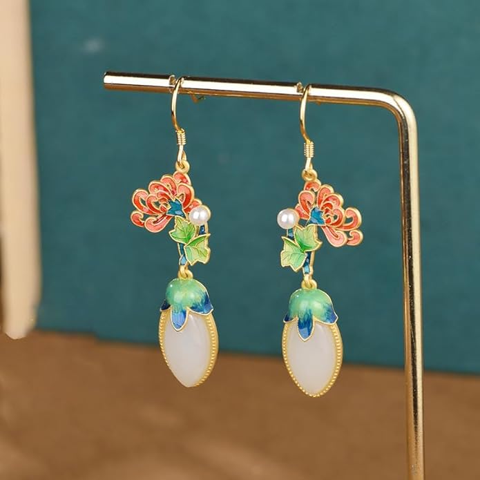14K Gold over 925 Sliver Natural Jade Enamel Gradient Earrings, Round Lotus Design Drop Earrings, Elegant Jade Jewelry Gift for Mother's Serenity