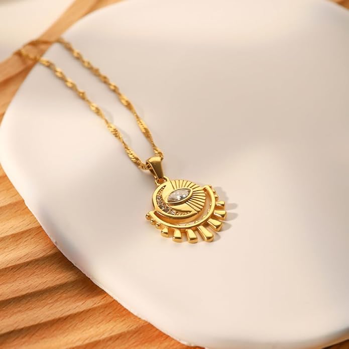 IBARA Women Gold Dianty Necklace Sun Crescent Moon Star Evil Eye Lock Lovely Heart Flower Butterfly Pearl Pendant Coin Necklaces 18K Gold CZ Diamond Filled Chain Boho Beach Simple Handmade Jewelry