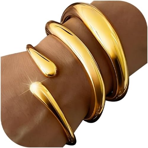 3Pcs Chunky Gold Bangles Bracelets for Women, Spring Hinged Big Stackable Bangles Set, Trendy Cuff Bracelet Stack Fashion Jewelry Gifts