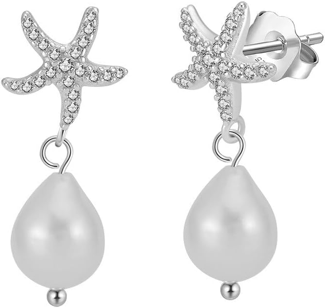 VONALA Silver/Gold Seashell Pearl Dangle Earrings 925 Sterling Silver Beach Drop Dangle Earrings Starfish Leverback Earrings Ocean Jewelry Gifts for Women