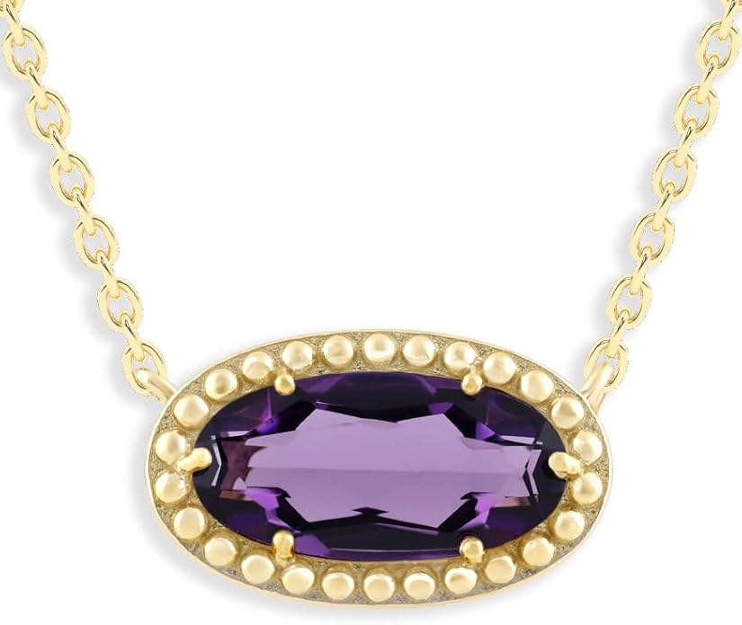 Belacqua Gemstone Necklace in 14K Gold Plated Sterling Silver, Oval Pendant Size 6 * 12mm, 15" Cable Chain with 2" Extender, Spring Ring Clasp, Dainty Birthstone Necklace for Women, Gift Box Included
