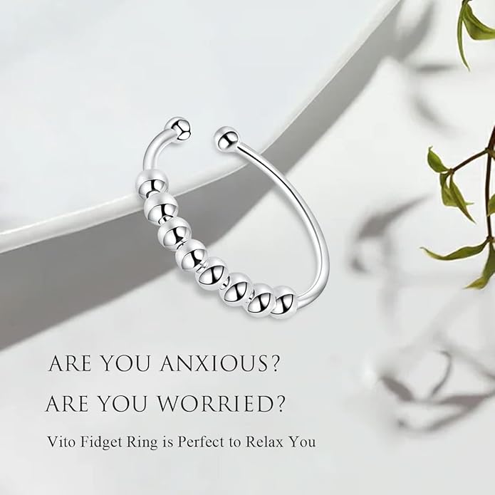 Vito 925 Sterling Silver Fidget Anxiety Ring for Women, Adjustable Open Spinner Ring Stress Relief Ring Stacking Band Anillos Jewelry Gift for Mom Daughter