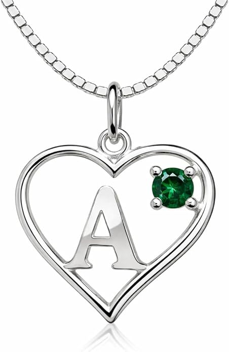 Silver Sterling Necklace Initial Letter A-Z Birthstone for Women – Personalized Custom Jewelry Pendant with Heart Design Customized Dainty Charm for Wife Girlfriend Mom – 18" Box Chain