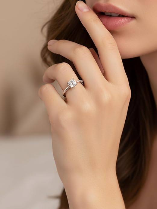 FWM Round Cut Moissanite Simple Open Rings for Women, Adjustable Ring, Solid Sterling Silver With Gold Plated, Stackable Wedding Band, Anniversary Valentines Mothers Day Christmas Gift