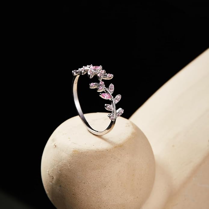 Adjustable S925 Sterling Silver Ring for Women,Branch Leaves Band Stacking Finger Ring,Paved Cubic Zirconia Stone Stackable Open Ring