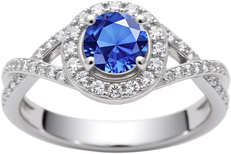 1.22 Carat (ctw) Round-Cut Halo Lab-Grown Sapphire/Lab-Grown Diamond/Moissanite Twisted Wedding Engagement Ring for Women 925 Sterling Silver/10K/14K/18K Real Gold Engagement Rings Jewelry(D Color, VVS Clarity), Size 3-14