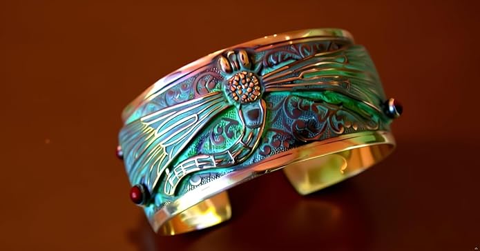 Elaine Coyne Collectible Artwear Verdigris Patina Solid Brass Decorative Dragonfly Cuff - Genuine Garnet
