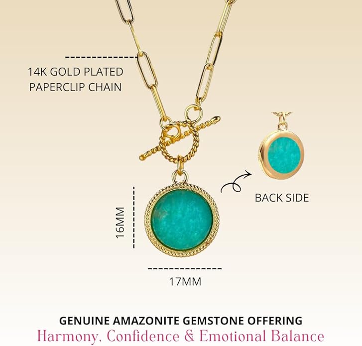 Gempires Gemstone Coin Front Toggle Pendant Necklace for Women with Gold Paperclip Chain, Natural Crystal Pendant with Toggle Clasp, Handcrafted Perfect Jewelry Gift for her