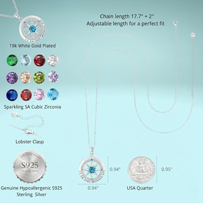 Compass Necklace for Women Wife Girlfriend Mom Daughter Gifts S925 Sterling Silver Jewelry For Anniversary Rose Gold Gifts For Birthday Christmas Mothers Valentines Day 12 Birthstones
