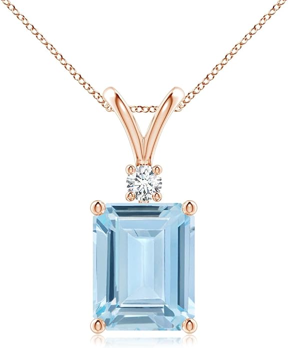 Angara Natural Aquamarine Solitaire Pendant for Women | Emerald-Cut Aquamarine Pendant with Diamond in 14K Solid Gold/Silver/Platinum With 18" Chain | March Birthday, Gemstone Jewelry Gift