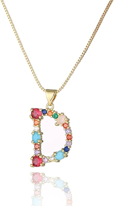 Eben-Ezer 18K Gold Box Chain Choker Initial Necklace Multi-Color Zircon Letter Pendant Script Name Custom Necklace for Women Gift Alphabet 26 A-Z