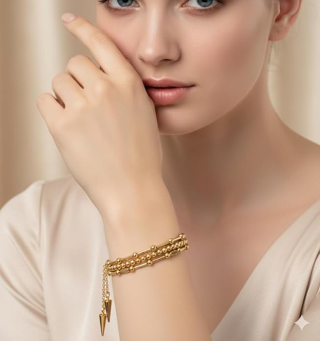 Adjustable Brass Bracelet for Women – Multi-Strand Bead and Bar Chain Design with Sliding Clasp, Minimalist Fashion Jewelry for Everyday Wear and Gifting