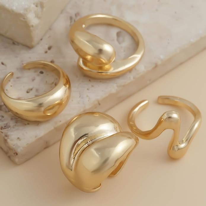 MIFYNN Chunky Gold Rings for Women Gold Silver Adjustable Thick Ring Fashion Statement Ring Open Dome Ring Chunky Silver Rings Geometric Curved Minimalist Simple Rings