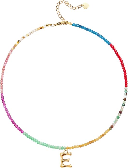 Beaded Initial Necklace for Women, Boho Natural Stone Semi-Precious Stone 18K Gold Plated Letter Pendant Rainbow Colorful Trendy Alphabet Dainty Choker Jewelry for Women Summer Beach Party