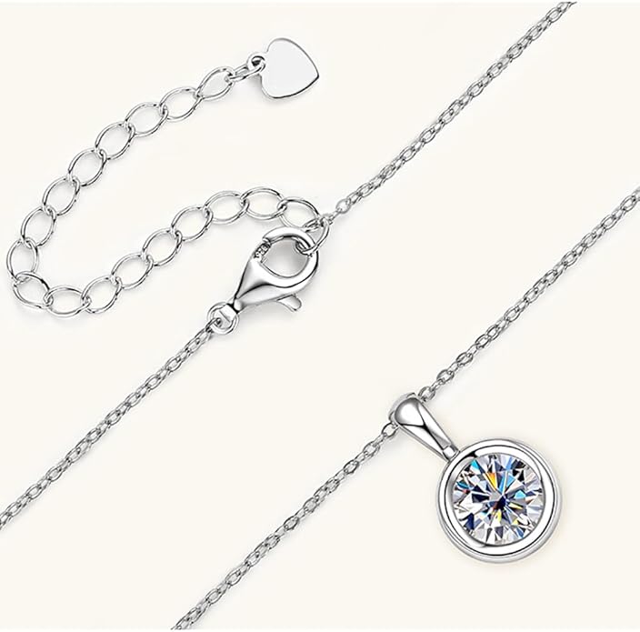 Classic 2 Carat Round Cut Diamond Pendant Necklace in Sterling Silver, Bezel-Set White Diamond, Diamond Jewelry for Women