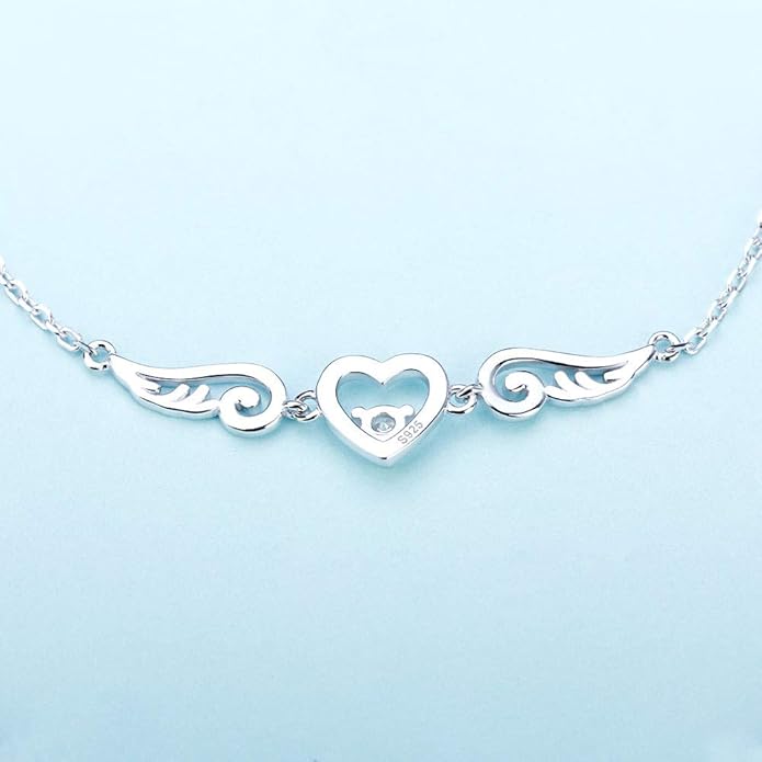 925 Sterling Silver Guardian Angel Wings Bracelets for Women, CZ Design Heart Adjustable Chain Bracelets for Jewelry