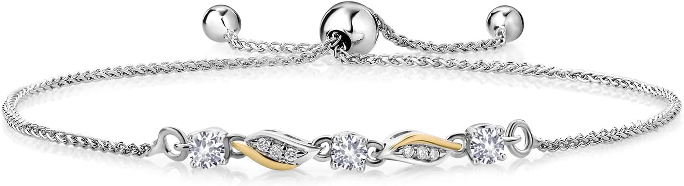 Gem Stone King 3-Stone Adjustable Bracelet for Women | 925 Silver and 10K Yellow Gold | Gemstone Birthstone and Lab Grown Diamond | Round 3MM | Two-Tone Adjustable Tennis Bracelet Up to 9 Inch