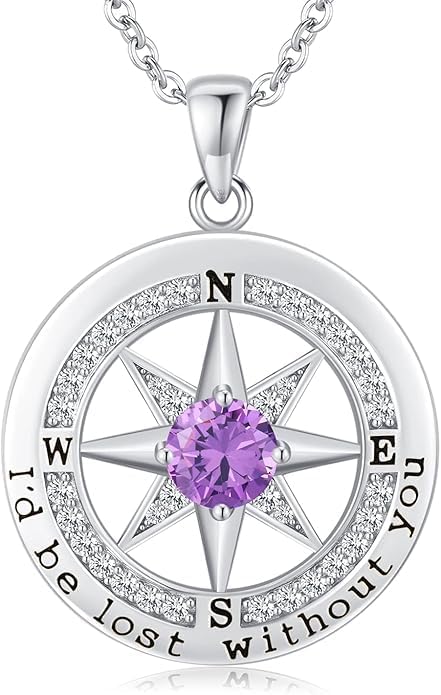 Compass Necklace for Women Wife Girlfriend Mom Daughter Gifts S925 Sterling Silver Jewelry For Anniversary Rose Gold Gifts For Birthday Christmas Mothers Valentines Day 12 Birthstones