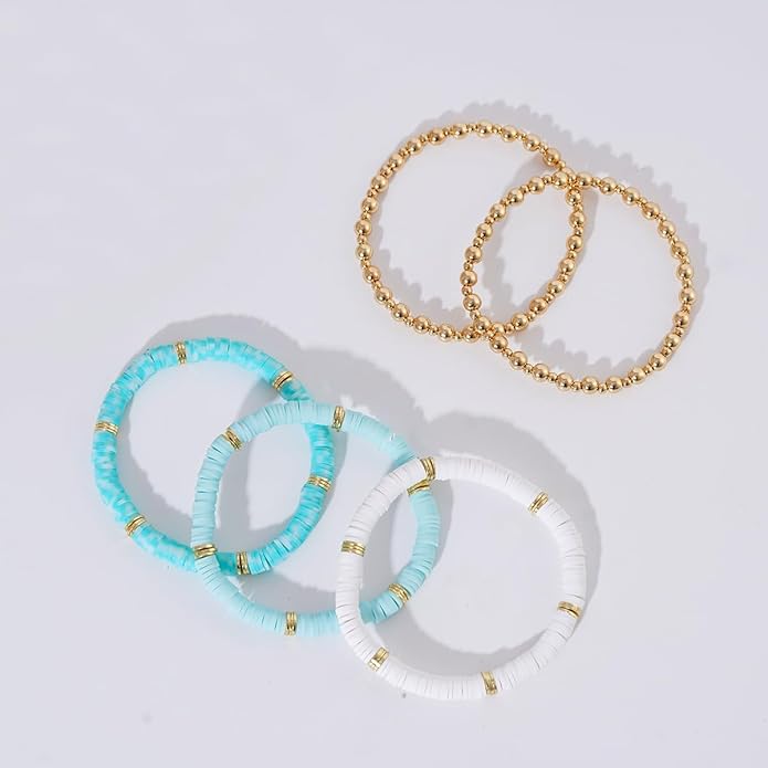 GOOJIDS Surfer Heishi Clay Bead Bracelets for Women Bohemian Stackable Gold Plated Beaded Stretch Bracelets Elastic Layering Friendship Bracelets Set Boho Jewelry