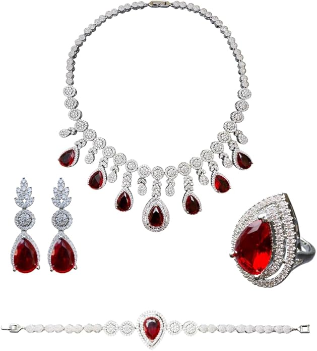 Rhinestone Wedding Bridal Jewelry Set Women's Prom Style Emerald Teardrop Necklace, Earrings, Bracelet, Ring Wedding Bridesmaid Gift Pairs With Evening Gowns