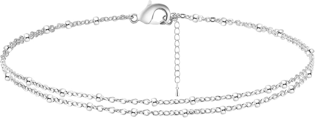 Anklets for Women 14K Gold Silver Plated Ankle Bracelets Trendy Waterproof Boho Anklets Set Adjustable Dainty Cute Diamond Beaded Heart Non Tarnish Summer Beach Jewelry Gift