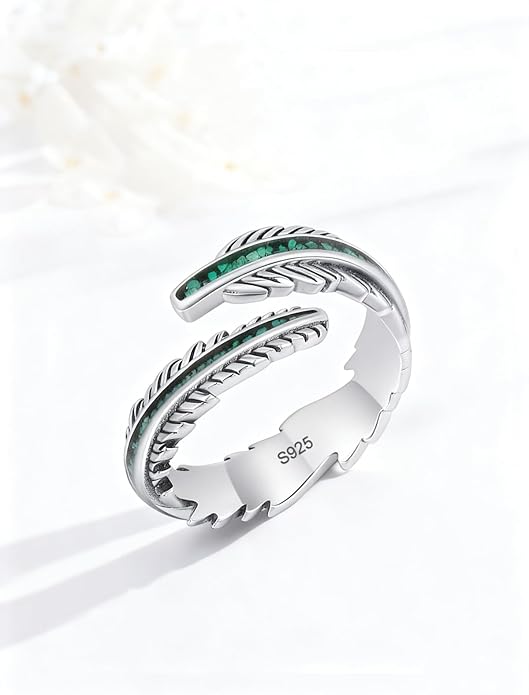 Turquoise/Moss Agate/Moonstone/Black Onyx/Lapis Lazuli/Labradorite/Tiger Eye Feather Ring 925 Sterling Silver Adjustable Ring Western Thumb Rings Vintage Jewelry Gifts for Women