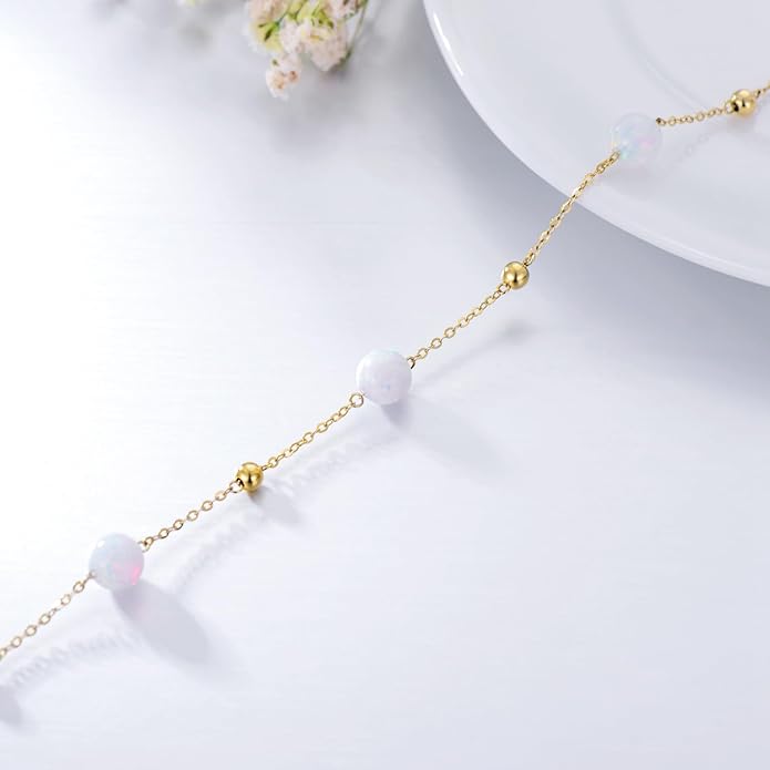 14K Gold Opal Anklet for Women Yellow Gold Turquoise Black Onyx Ankle Bracelet Foot Jewelry for Her, 8''-10''