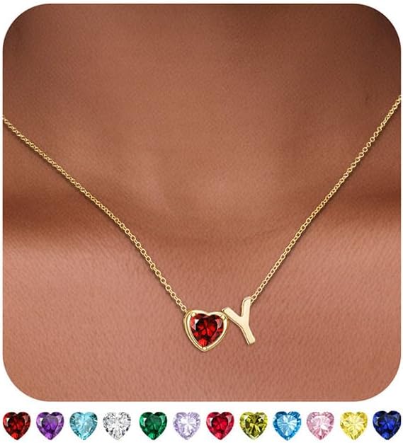 Valentines Day Gifts for Her- Heart Birthstone Initial Necklace for Women Girls,14K Gold Plated Heart Letter A-Z Necklace Birthday Trendy Jewelry Gifts for Women Girls Daughter