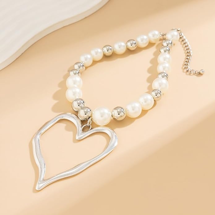 Exaggerated Heart Pendant Pearl Necklace,Charming Plated Gold Chunky Love Ball Statement Choker,Sweet Heart Beaded Collar Necklace for Women
