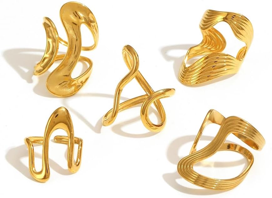 Chunky Rings For Women, Gold Silver Thumb Ring Asymmetrical Wavy Curve Ring Adjustable Non Tarnish Dainty Stainless Steel New Year Anniversary Birthday Jewelry Gift