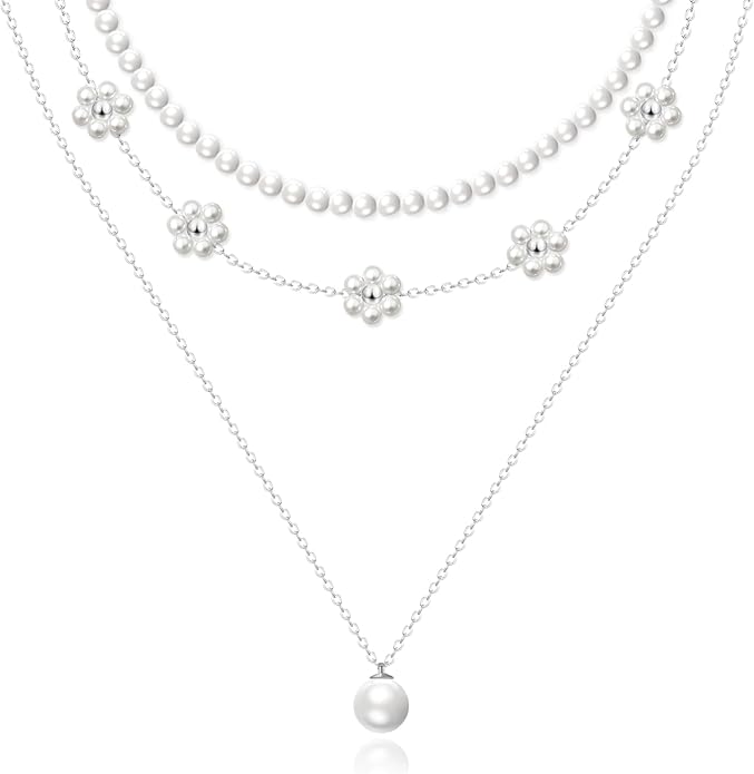 Zeffy Gold Pearl Necklace for Women, Dainty 14K Gold/Silve Plated Layered Pearl Choker Pearl Earrings Pearl Bracelets Wedding Trendy Gold Jewelry Set for Women Gifts