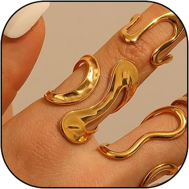 Chunky Rings For Women, Gold Silver Thumb Ring Asymmetrical Wavy Curve Ring Adjustable Non Tarnish Dainty Stainless Steel New Year Anniversary Birthday Jewelry Gift