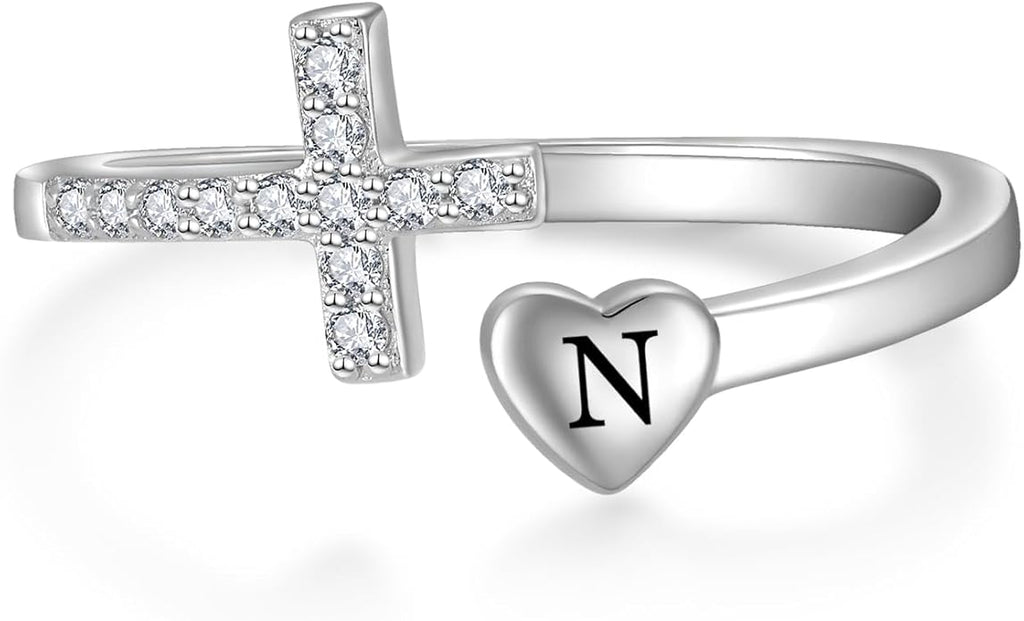 STARCHENIE Cross Initial Ring for Women 925 Sterling Silver Letters A-Z 26 Alphabet Adjustable Ring Size 7