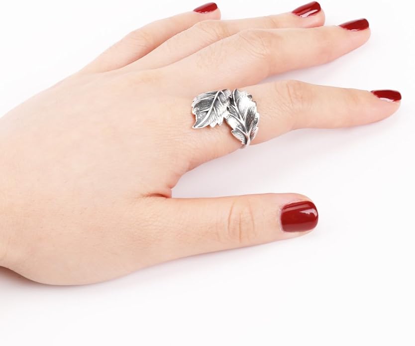 BALMORA Real 925 Sterling Silver Vintage Leaf Rings for Women Men Retro Lotus Feather Flower Adjustable Open Ring Floral Leaves Finger Statement Promise Ring Fashion Jewelry Birthday Gifts for Mom Daughter