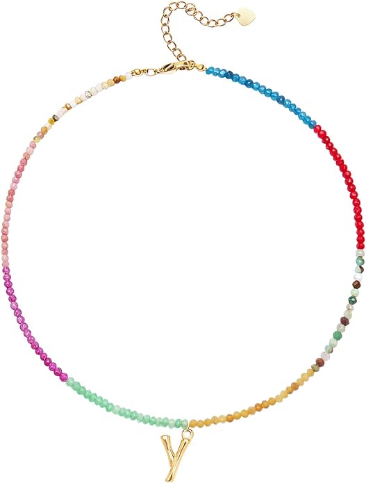 Beaded Initial Necklace for Women, Boho Natural Stone Semi-Precious Stone 18K Gold Plated Letter Pendant Rainbow Colorful Trendy Alphabet Dainty Choker Jewelry for Women Summer Beach Party