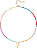 Beaded Initial Necklace for Women, Boho Natural Stone Semi-Precious Stone 18K Gold Plated Letter Pendant Rainbow Colorful Trendy Alphabet Dainty Choker Jewelry for Women Summer Beach Party