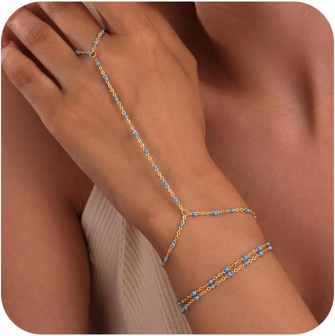 CHESKY 14K Gold Plated Hand Chain Bracelets for Women Set - Dainty Finger Ring Bracelet Stack Adjustable Hand Chains Durable Beaded Bracelets Trendy Simple Body Jewelry Gift for Women