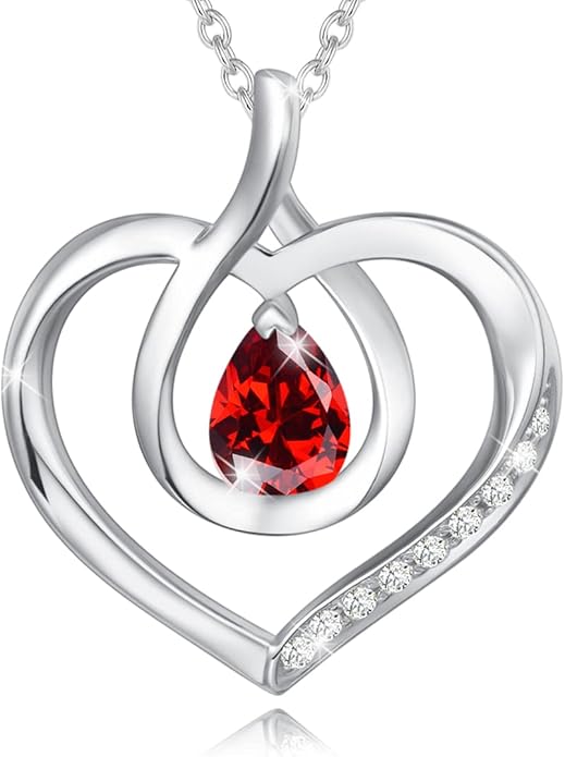 AGVANA Valentines Day Gifts Heart Birthstone Necklace for Women Sterling Silver Genuine or Created Gemstone Forever Love Pendant Necklace Fine Jewelry Anniversary Birthday Gifts for Women Mom Wife