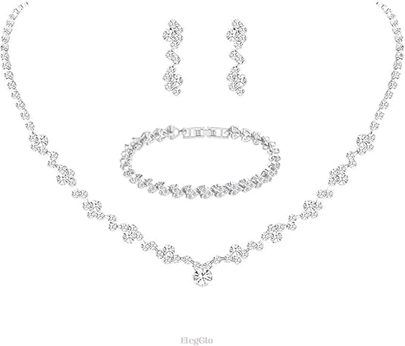 Silver Crystal Bridal Jewelry Set, Teardrop Dangle Earrings Rhinestone Necklace Bracelet for Bride Bridesmaid Crystal Bridal Wedding Party Jewelry Sets