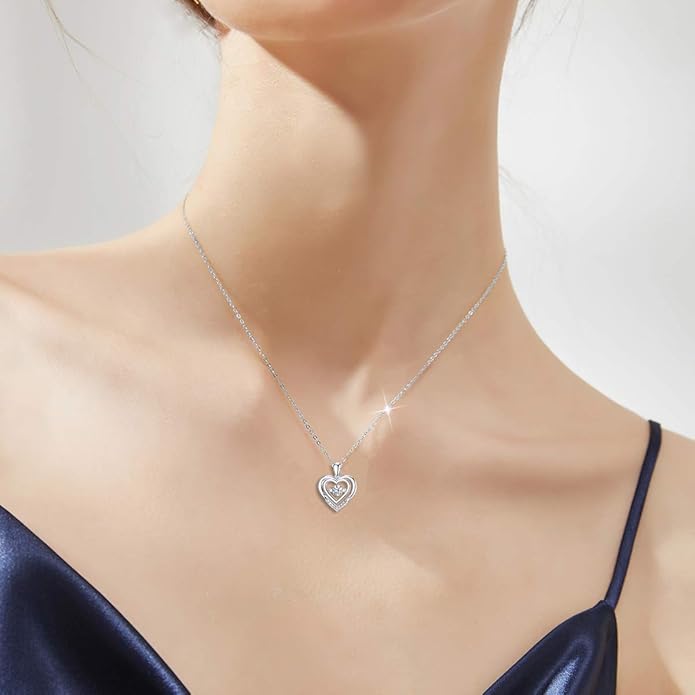 Sterling Silver 0.03 Carat Diamond and 0.46 Carat Created Moissanite Heart Necklace for Women, Jewelry Gifts for Her 18-20 Inch